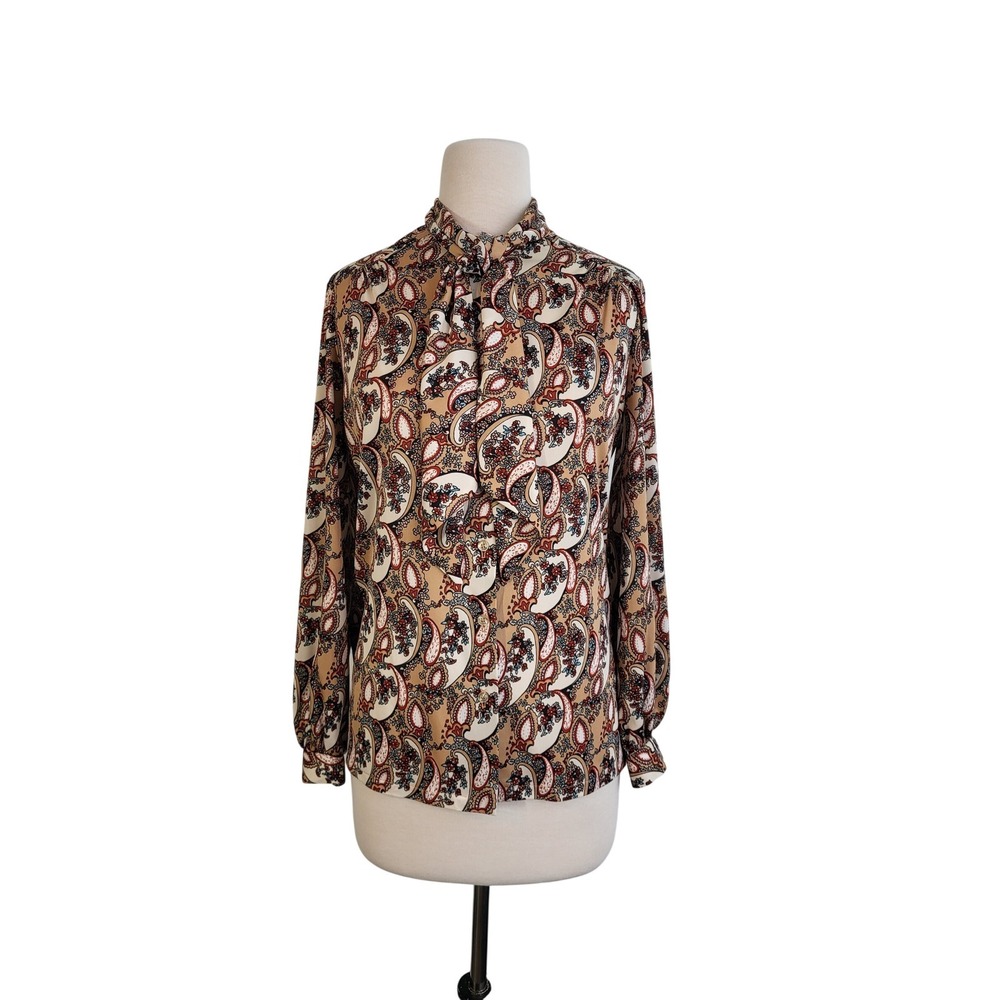 VTG 70s Secretary Blouse Womens M Tan Paisley Bow Neck Retro Long Sleeve Button